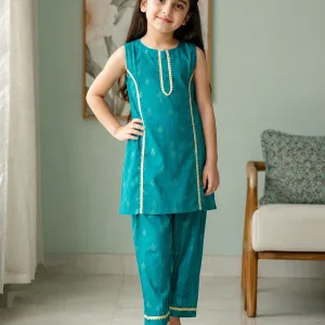 Teal Blue Sleeveless Kurti & Trouser